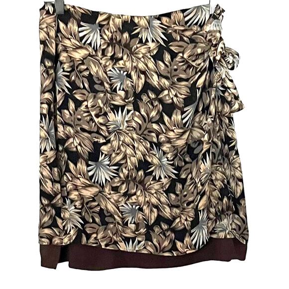 VALERIE STEVENS SILK WRAP AROUND MIDI SKIRT, WOMENS, 16, BROWN TAN BLUE FLORAL - Picture 1 of 11